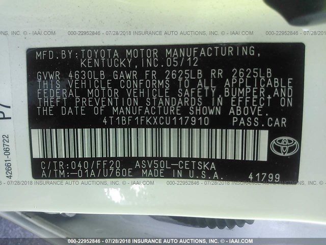 4T1BF1FKXCU117910 - 2012 TOYOTA CAMRY SE/LE/XLE 白色 照片 9