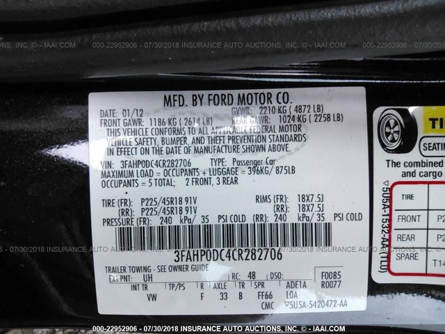 3FAHP0DC4CR282706 - 2012 FORD FUSION SPORT BLACK photo 9