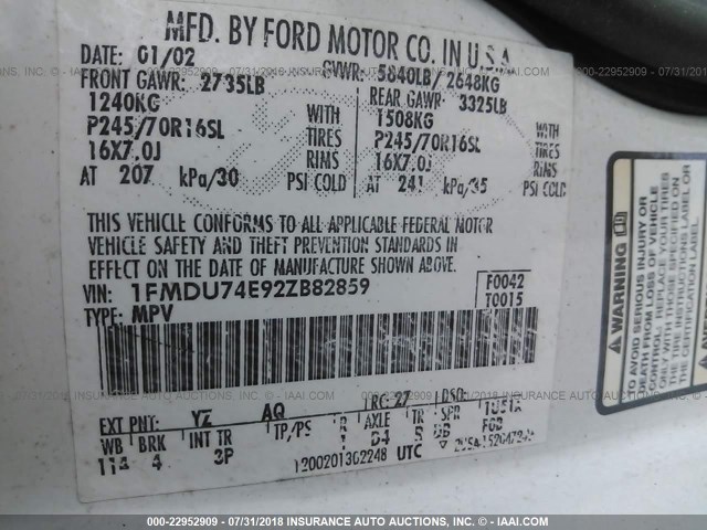 1FMDU74E92ZB82859 - 2002 FORD EXPLORER EDDIE BAUER WHITE photo 9