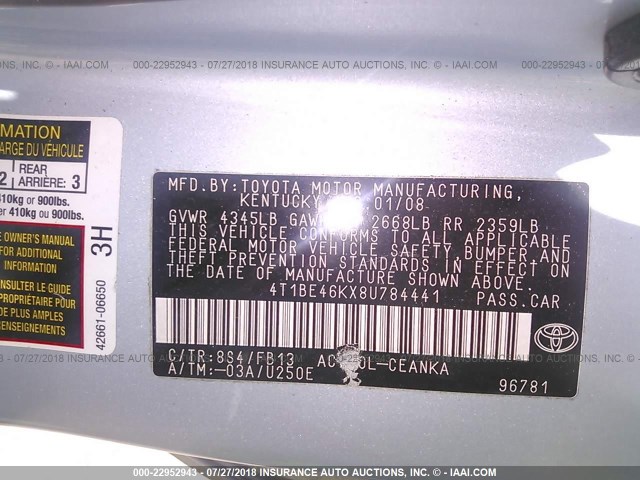 4T1BE46KX8U784441 - 2008 TOYOTA CAMRY CE/LE/XLE/SE Light Blue photo 9