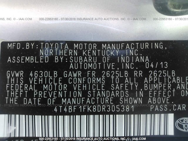 4T4BF1FK8DR305381 - 2013 TOYOTA CAMRY L/SE/LE/XLE WHITE photo 9