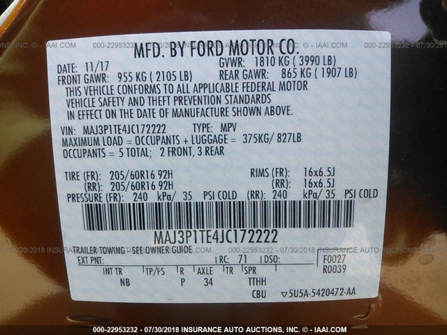 MAJ3P1TE4JC172222 - 2018 FORD ECOSPORT SE BROWN photo 9