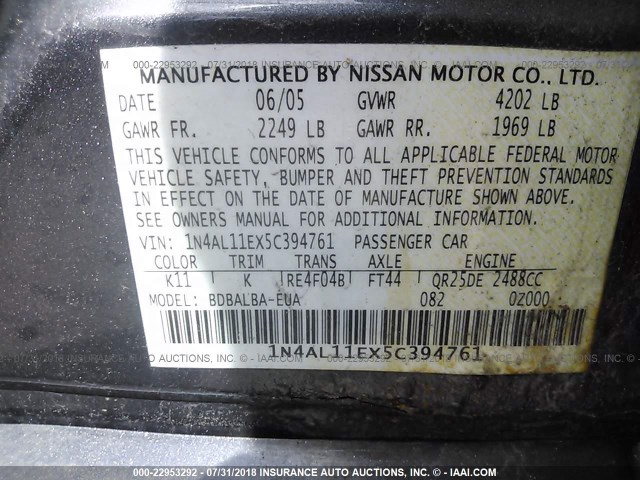 1N4AL11EX5C394761 - 2005 NISSAN ALTIMA S/SL GRAY photo 9