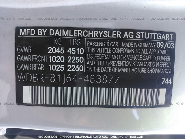 WDBRF81J64F483877 - 2004 MERCEDES-BENZ C 240 4MATIC SILVER photo 9