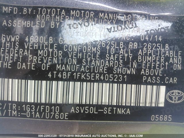4T4BF1FK5ER405231 - 2014 TOYOTA CAMRY L/SE/LE/XLE Boz foto 9
