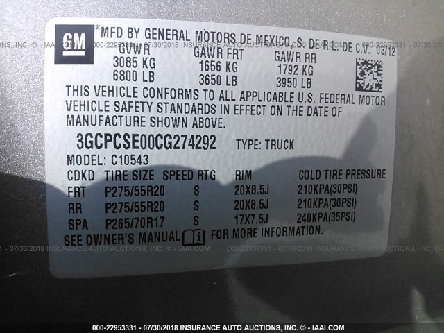 3GCPCSE00CG274292 - 2012 CHEVROLET SILVERADO C1500 LT Pewter photo 9