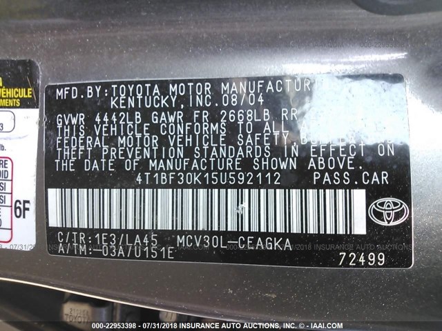 4T1BF30K15U592112 - 2005 TOYOTA CAMRY LE/XLE/SE 棕色 照片 9