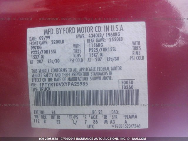 1FTYR10VXYPA25985 - 2000 FORD RANGER RED photo 9