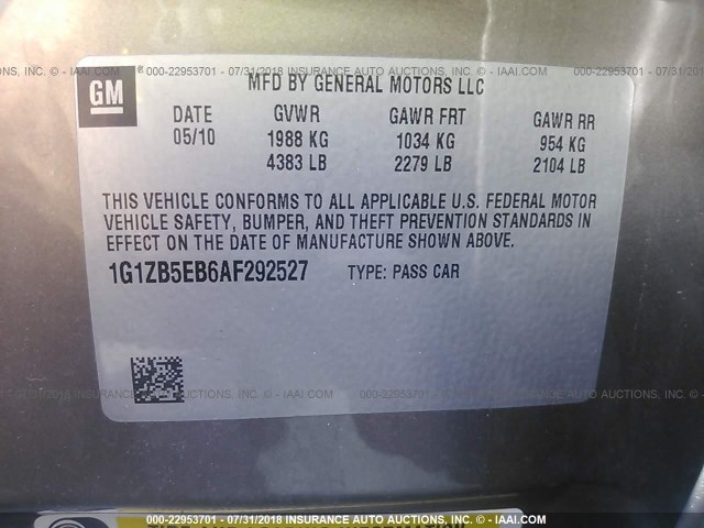 1G1ZB5EB6AF292527 - 2010 CHEVROLET MALIBU LS თაფლისფერი ფოტო 9