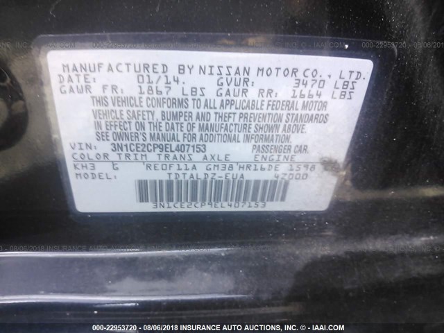 3N1CE2CP9EL407153 - 2014 NISSAN VERSA NOTE S/S PLUS/SV/SL BLACK photo 9