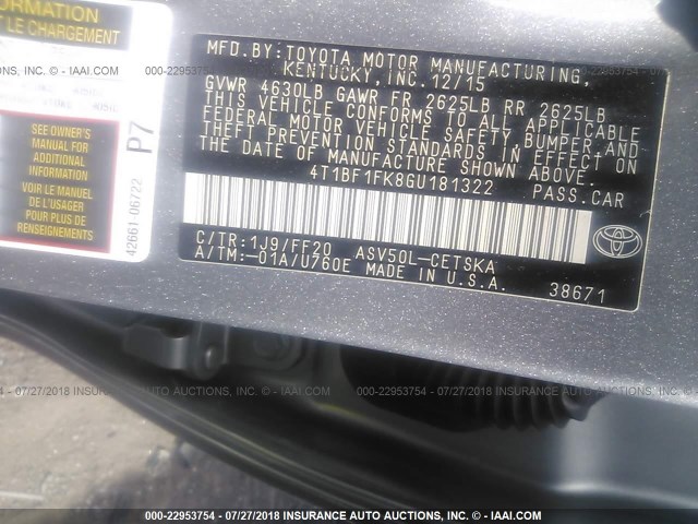 4T1BF1FK8GU181322 - 2016 TOYOTA CAMRY LE/XLE/SE/XSE SILVER photo 9