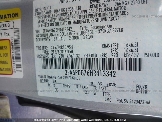 3FA6P0G76HR413342 - 2017 FORD FUSION S 银色 照片 9