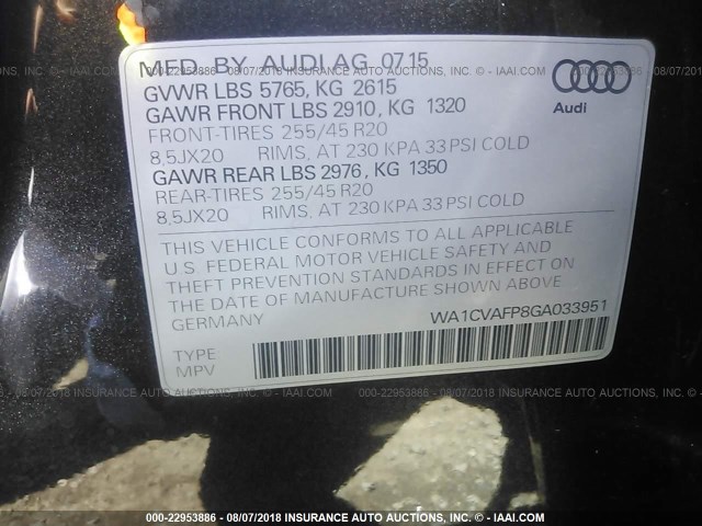 WA1CVAFP8GA033951 - 2016 AUDI Q5 TDI/PREMIUM PLUS GRAY photo 9