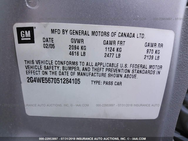 2G4WE567051284105 - 2005 BUICK LACROSSE CXS SILVER photo 9