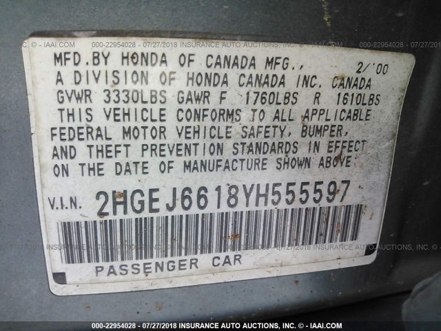 2HGEJ6618YH555597 - 2000 HONDA CIVIC SE Light Blue photo 9