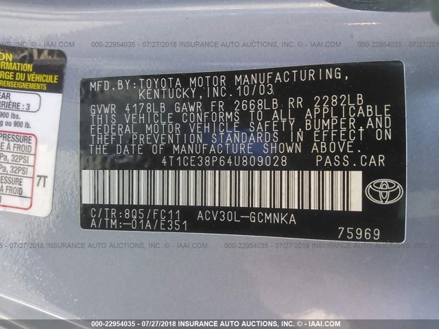 4T1CE38P64U809028 - 2004 TOYOTA CAMRY SOLARA SE/SLE ღია ლურჯი ფოტო 9