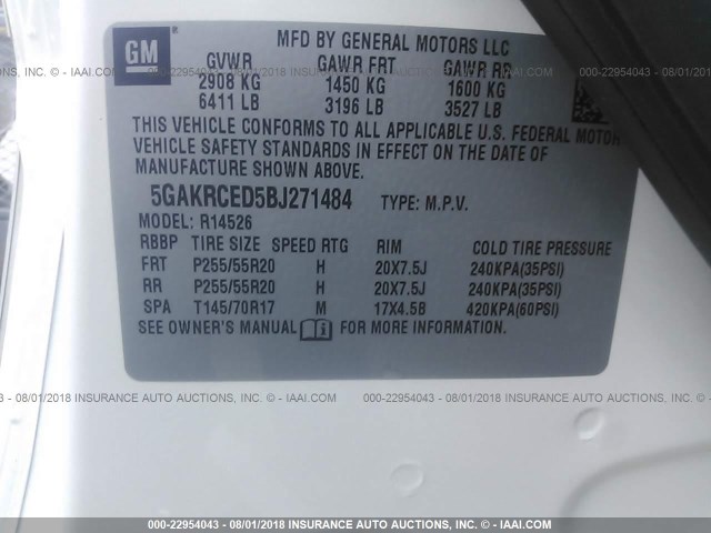 5GAKRCED5BJ271484 - 2011 BUICK ENCLAVE CXL Blanc photo 9