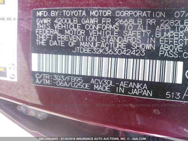 JTDBE32K363042423 - 2006 TOYOTA CAMRY LE/XLE MAROON photo 9