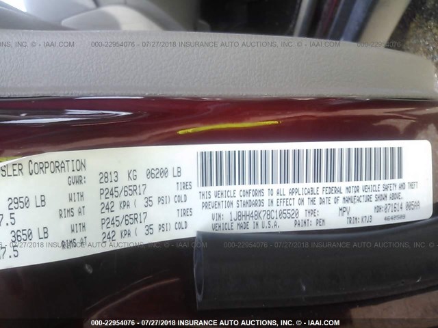 1J8HH48K78C105520 - 2008 JEEP COMMANDER SPORT მუქწითელი ფოტო 9