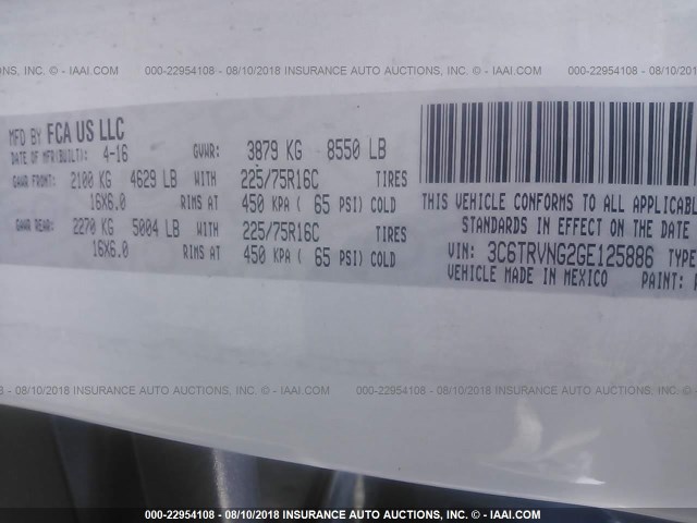 3C6TRVNG2GE125886 - 2016 RAM PROMASTER 1500 1500 STANDARD RED photo 9