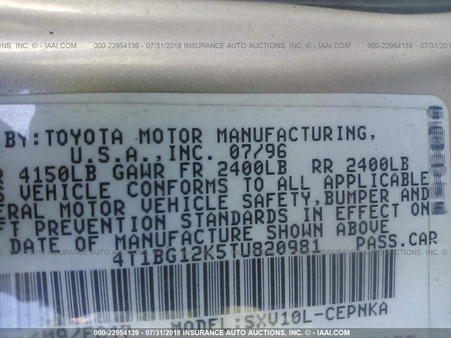 4T1BG12K5TU820981 - 1996 TOYOTA CAMRY DX/LE/XLE TAN photo 9