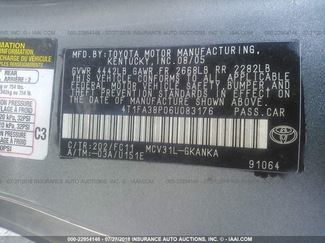 4T1FA38P06U083176 - 2006 TOYOTA CAMRY SOLARA SE/SLE ტალღისფერი ფოტო 9