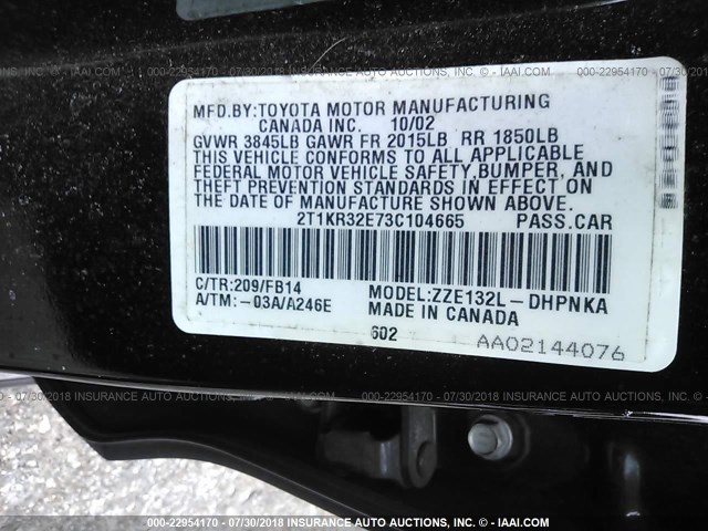 2T1KR32E73C104665 - 2003 TOYOTA COROLLA MATRIX XR BLACK photo 9