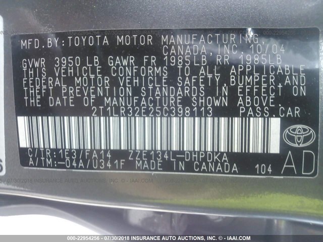 2T1LR32E25C398113 - 2005 TOYOTA COROLLA MATRIX XR GRAY photo 9