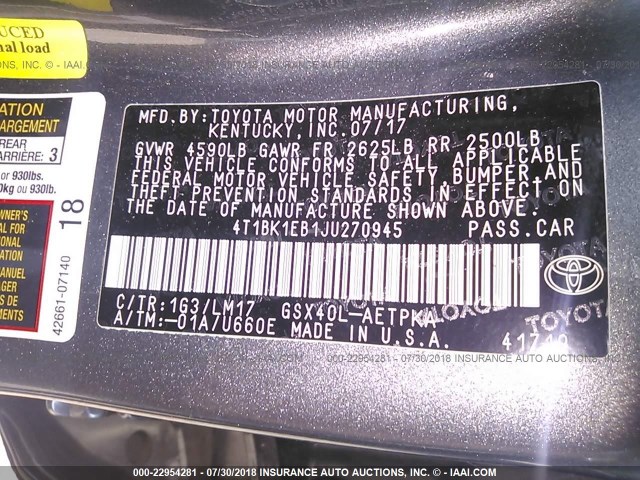 4T1BK1EB1JU270945 - 2018 TOYOTA AVALON XLE PLUS/PREMIUM/TOUR/LTD GRAY photo 9