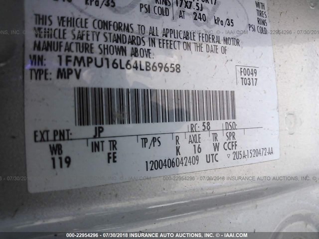 1FMPU16L64LB69658 - 2004 FORD EXPEDITION XLT SILVER photo 9