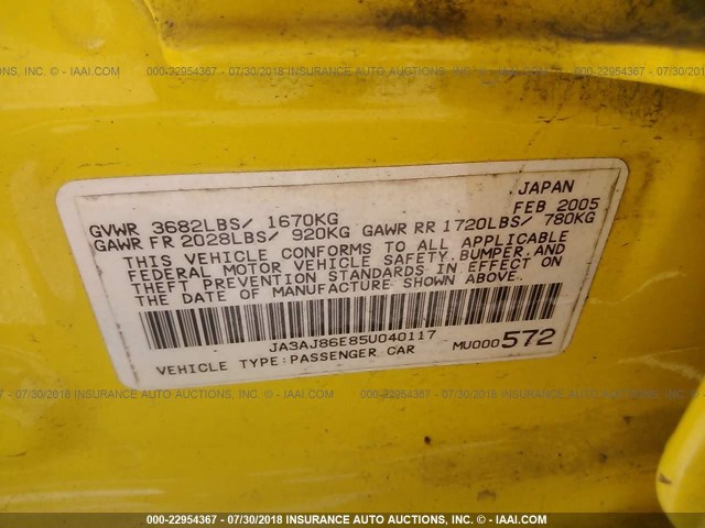 JA3AJ86E85U040117 - 2005 MITSUBISHI LANCER OZ RALLY YELLOW photo 9