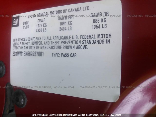 2G1WM16K669237001 - 2006 CHEVROLET MONTE CARLO LT RED photo 9