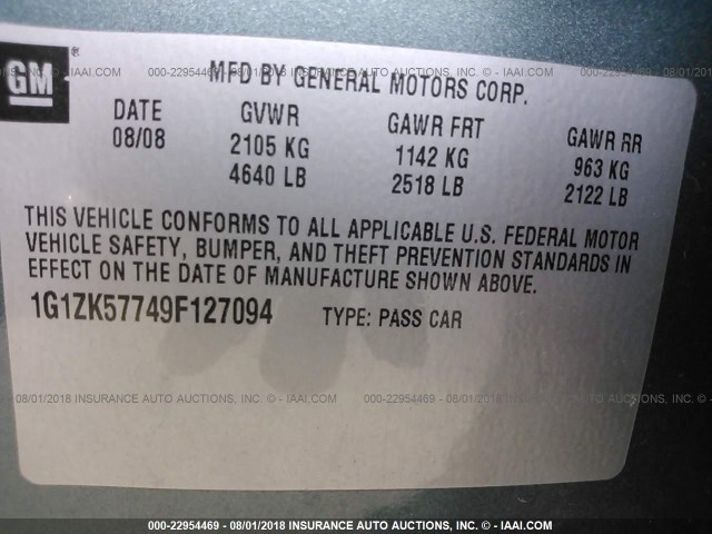 1G1ZK57749F127094 - 2009 CHEVROLET MALIBU LTZ ტალღისფერი ფოტო 9