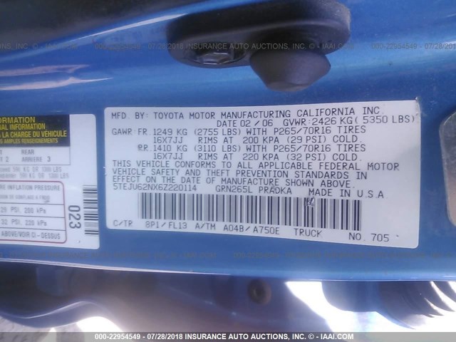 5TEJU62NX6Z220114 - 2006 TOYOTA TACOMA DOUBLE CAB PRERUNNER BLUE photo 9
