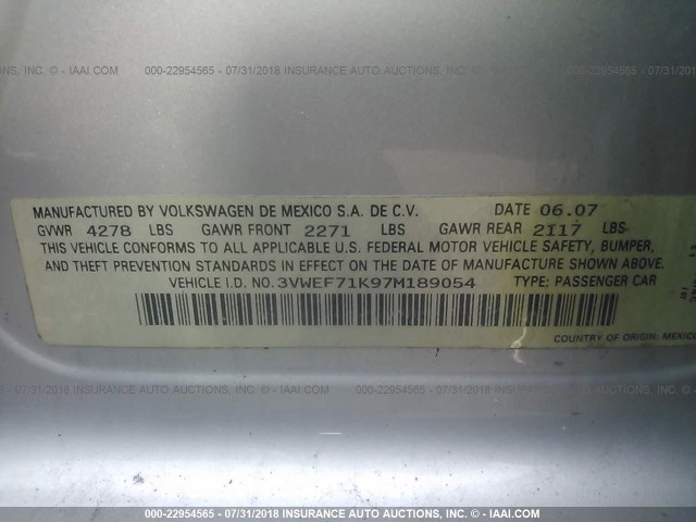 3VWEF71K97M189054 - 2007 VOLKSWAGEN JETTA WOLFSBURG 银色 照片 9