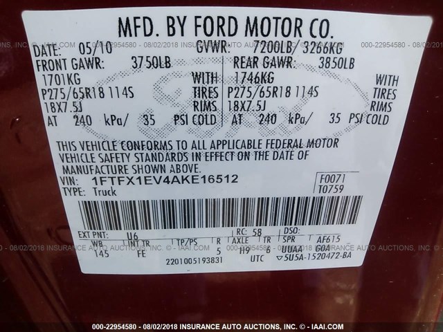 1FTFX1EV4AKE16512 - 2010 FORD F150 SUPER CAB RED photo 9