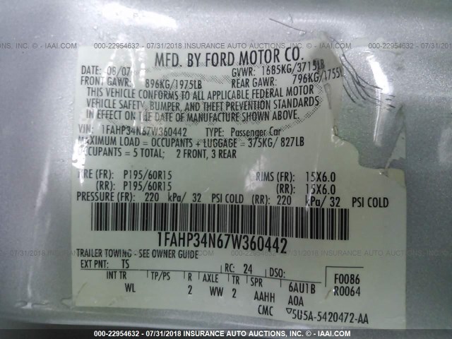 1FAHP34N67W360442 - 2007 FORD FOCUS ZX4/S/SE/SES GRAY photo 9