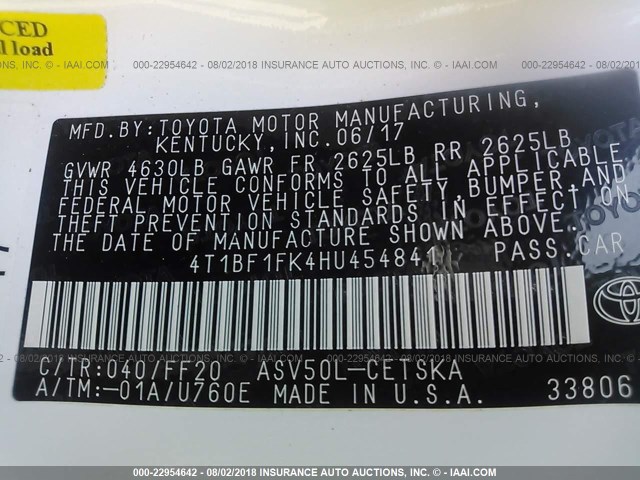 4T1BF1FK4HU454841 - 2017 TOYOTA CAMRY LE/XLE/SE/XSE 白色 照片 9