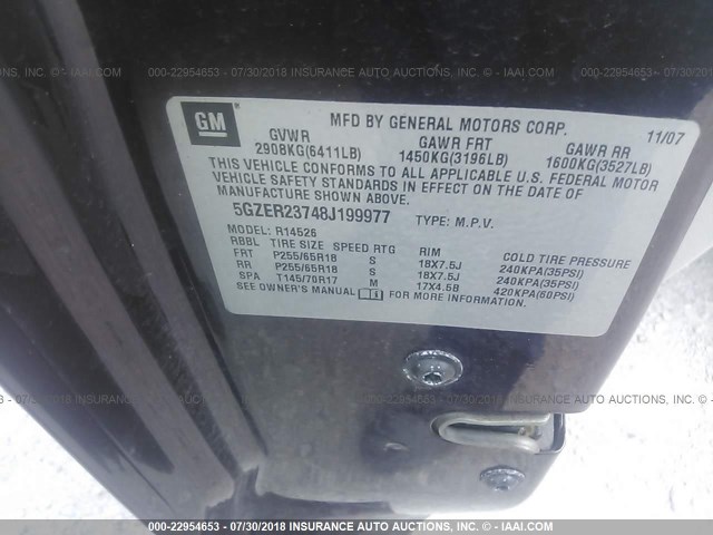 5GZER23748J199977 - 2008 SATURN OUTLOOK XR ბურგუნდია ფოტო 9