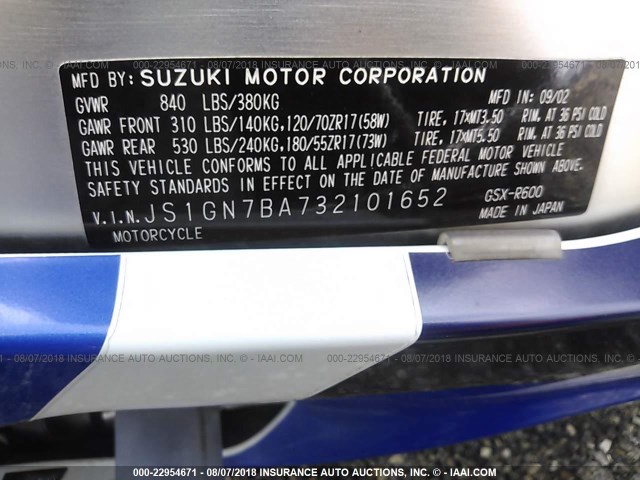 JS1GN7BA732101652 - 2003 SUZUKI GSX-R600 BLUE photo 10