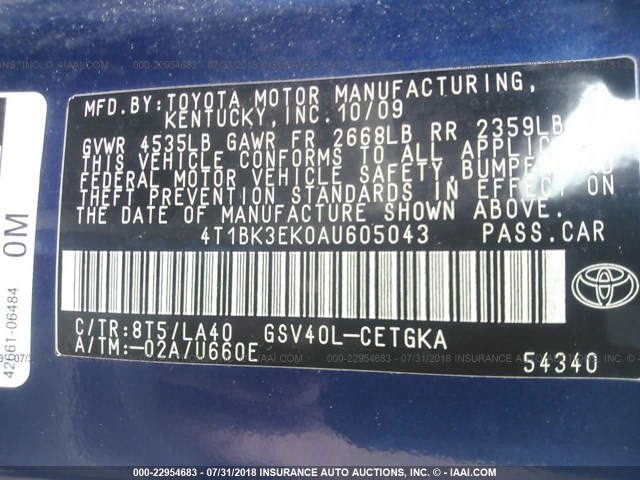 4T1BK3EK0AU605043 - 2010 TOYOTA CAMRY SE/LE/XLE 蓝色 照片 9