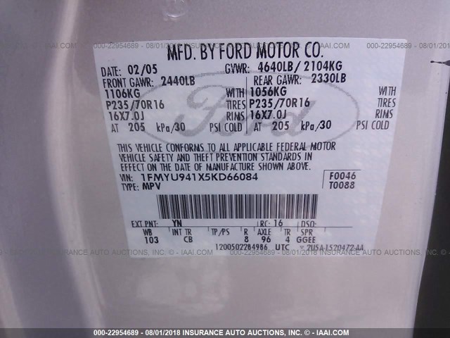 1FMYU941X5KD66084 - 2005 FORD ESCAPE LIMITED SILVER photo 9