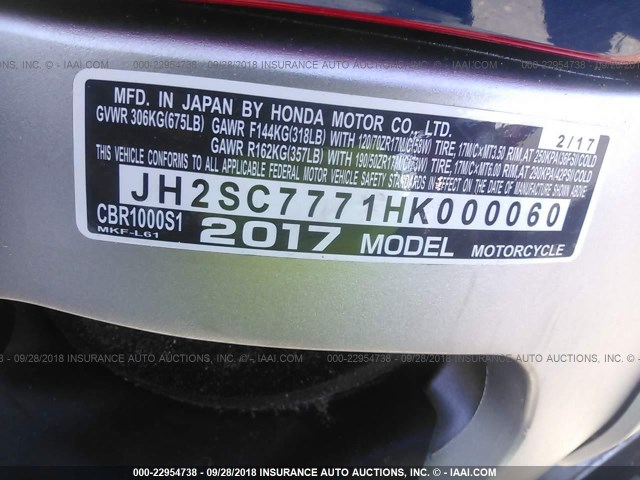 JH2SC7771HK000060 - 2017 HONDA CBR1000 SP RED photo 10