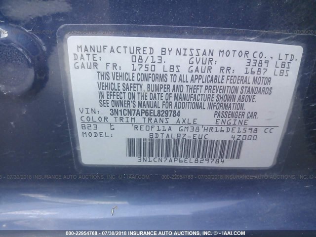 3N1CN7AP6EL829784 - 2014 NISSAN VERSA S/S PLUS/SV/SL BLUE photo 9