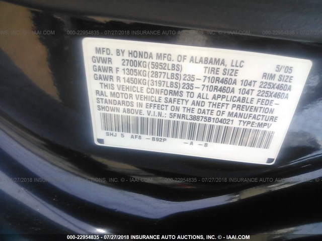 5FNRL38875B104021 - 2005 HONDA ODYSSEY TOURING BLACK photo 9