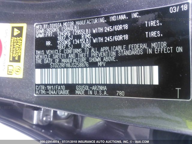 5TDZZRFH8JS258876 - 2018 TOYOTA HIGHLANDER LE/LE PLUS GRAY photo 9