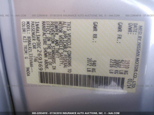 1N4AL3AP3EC269369 - 2014 NISSAN ALTIMA 2.5/S/SV/SL ვერცხლისფერი ფოტო 9