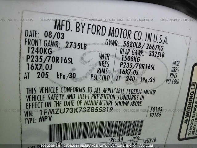 1FMZU73K73ZB55819 - 2003 FORD EXPLORER XLT/XLT SPORT/NBX 白色 照片 9