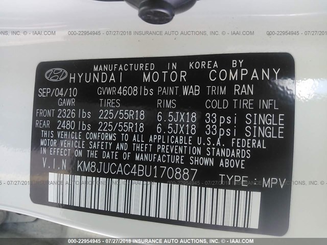 KM8JUCAC4BU170887 - 2011 HYUNDAI TUCSON GLS/LIMITED 白色 照片 9