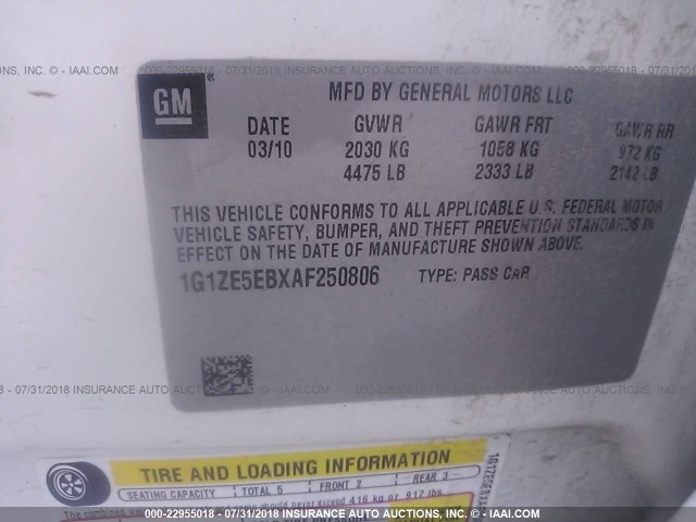 1G1ZE5EBXAF250806 - 2010 CHEVROLET MALIBU LTZ WHITE photo 9